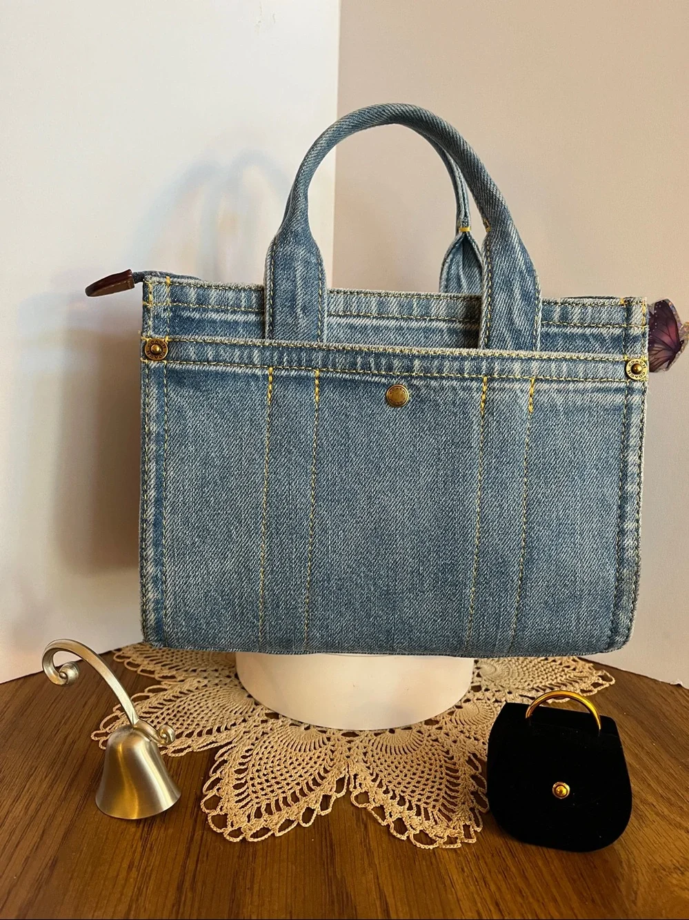 Coach Denim Embroidered Mini Tote in Light Blue with Tan Tag #CZ100